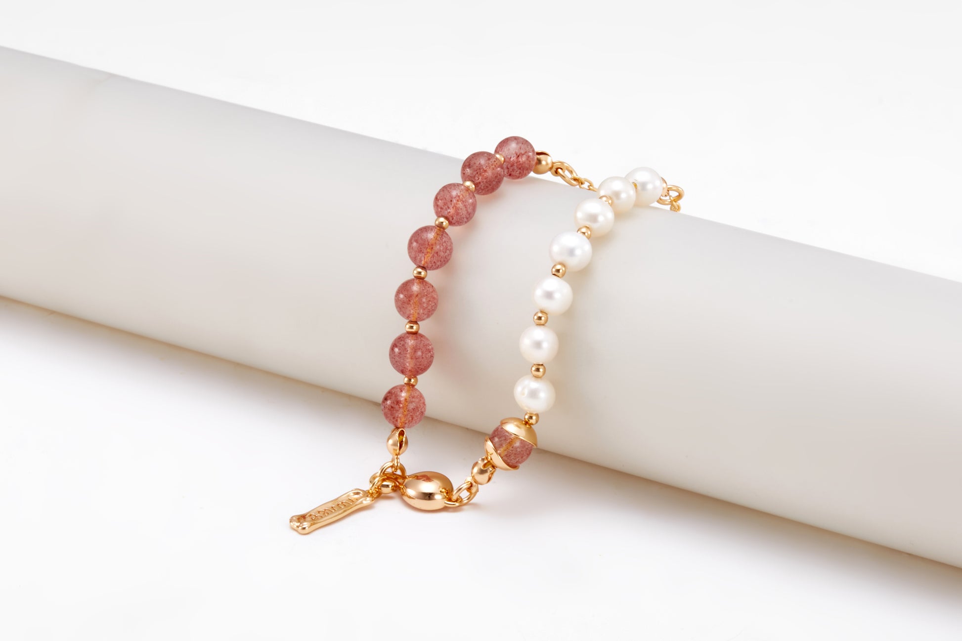 gold plated pink crystal and pearl bracelet for girls and women