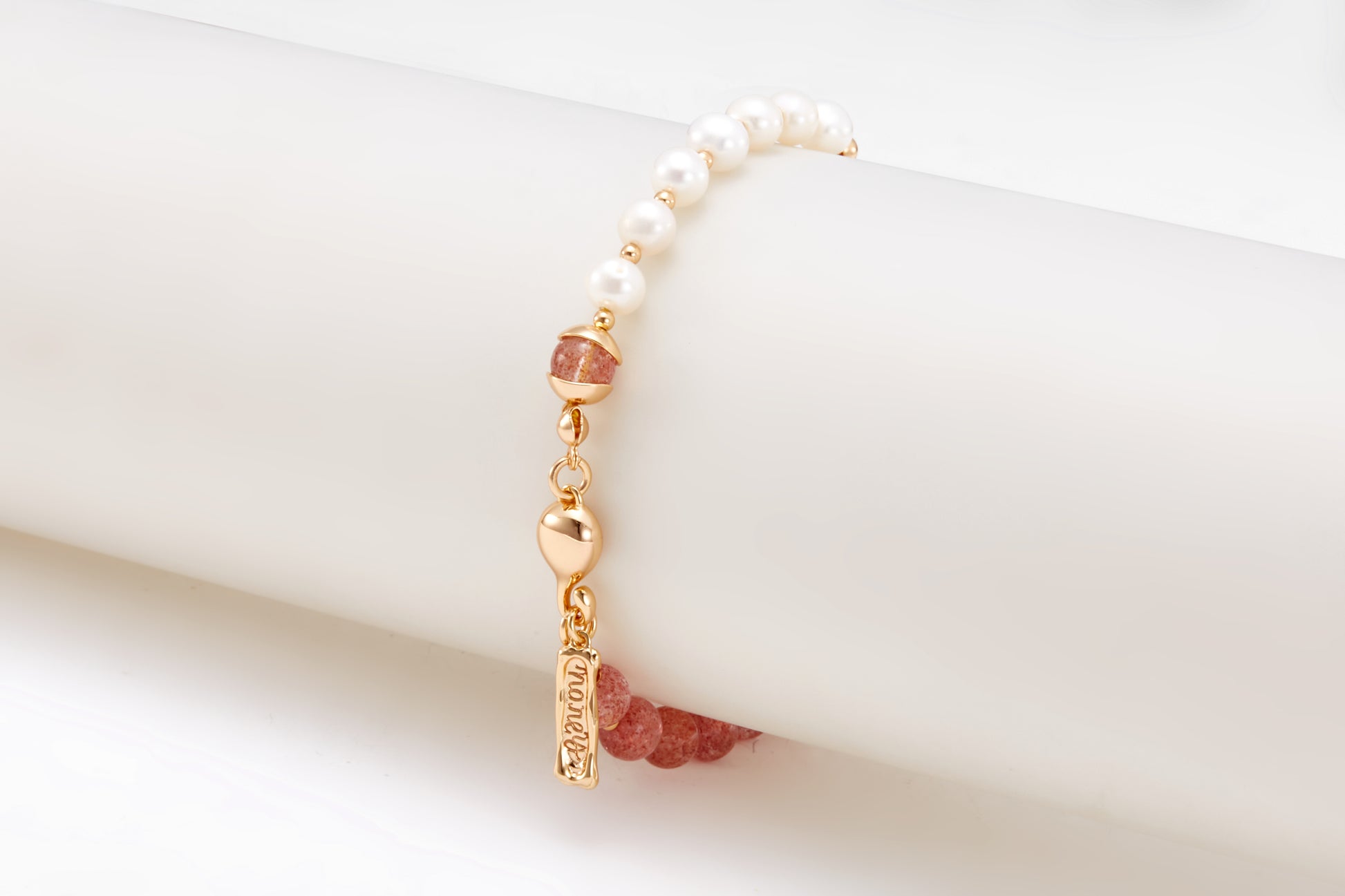 gold plated pink crystal and pearl bracelet for girls and women