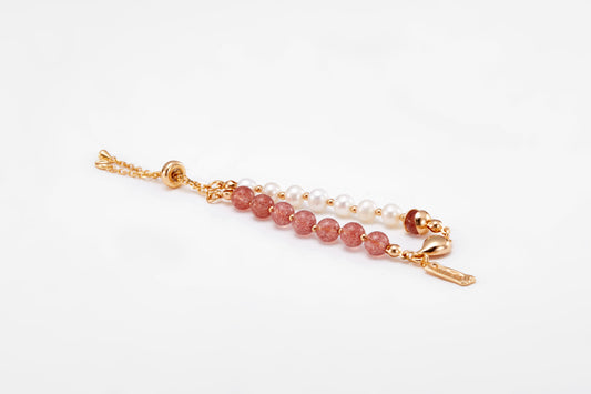 gold plated pink crystal and pearl bracelet for girls and women